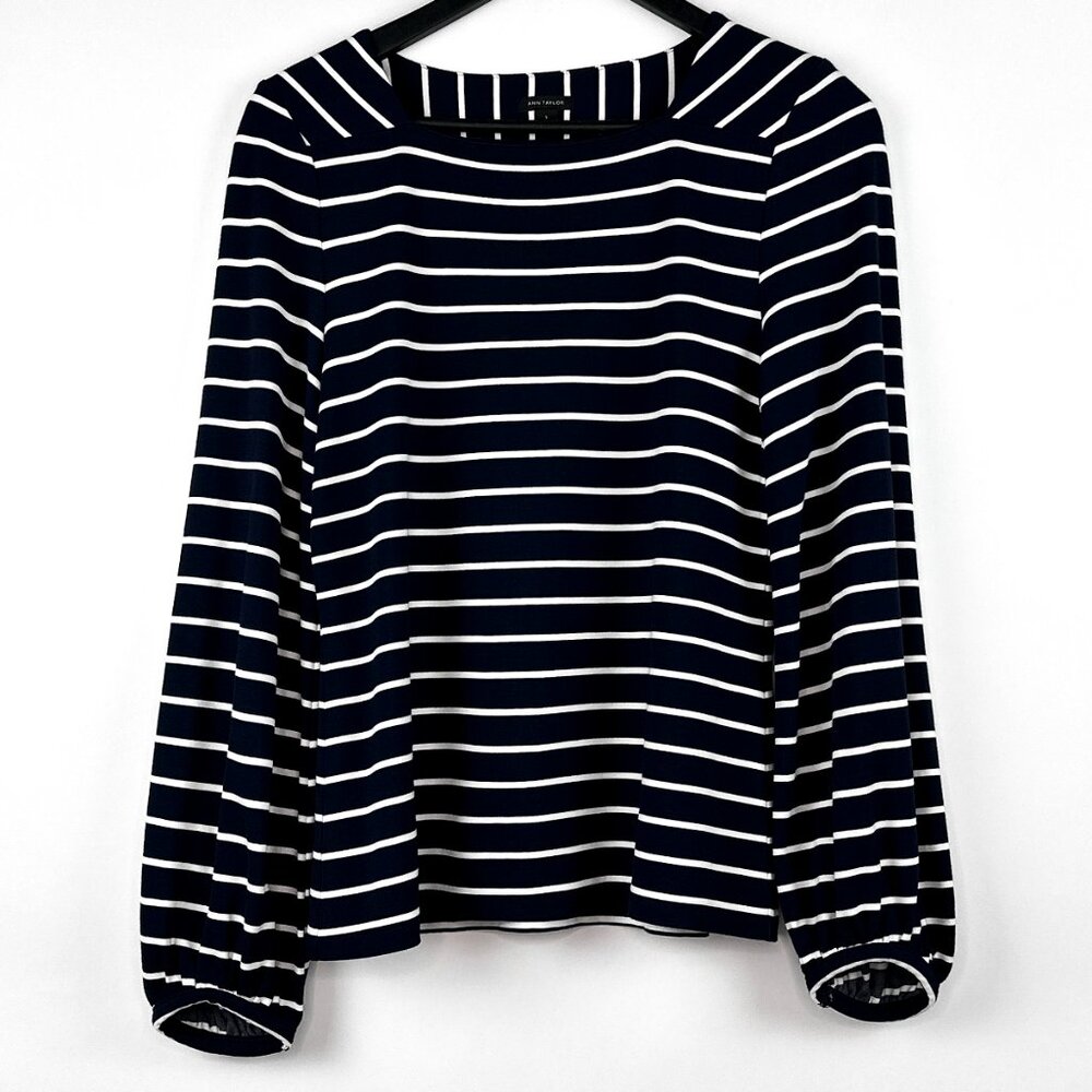 Ann Taylor Striped Square Neck Top Navy Blue White Balloon Sleeves Knit Size S